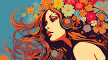 Hippie Girl In Pop Art Comic Style, Retro Hippie Woman With Blonde Hair And Flower Vector Illustration,  Created Using Generative AI Tools