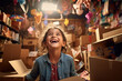 © arhendrix - Joyful determination of a children's boutique owner as they navigate their store, arms full of cardboard boxes, a bright smile on their face.