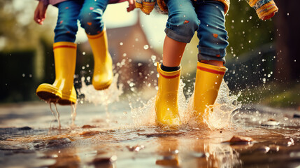 Several children wearing rain yellow boots, jumping and splashing in puddles as rain falls around them. The shot convey a strong summer vibe, be a close.