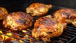 Grilled chicken legs on the grill with vegetable and side dishes consist of lemon, tomatoes, rosemary, salt, peper, with fired smoke for luxury delicious dinner meal, food and beverage, health concept