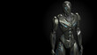 3d rendering of detailed futuristic robot or alien humanoid cyborg. Front view of the upper body isolated on dark background with empty space for text
