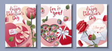 Set Of Cards For Happy Valentine's Day.Poster With Roses, Gift, Chocolate Covered Strawberries.. Festive Bright Postcard, Love Creative Concept. A4 Vector Illustration For Banner, Poster, Card.