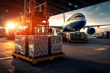 Wall Mural - world of air cargo transportation. Depict a bustling airport tarmac with cargo planes of various sizes being loaded and unloaded.Generated with AI