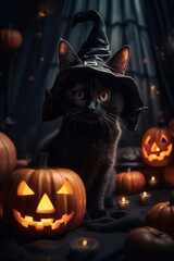 Canvas Print - Halloween card. A Cat on a halloween background. a Cat in haloween costume. Generative AI  