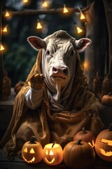 Wall Mural - Halloween card. A Cow on a halloween background. a cow in haloween costume. Generative AI