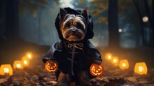 Halloween Card. A Dog On A Halloween Background. A Dog In Haloween Costume. Generative AI  