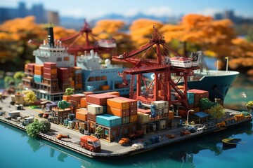 world of shipping transports. Depict a bustling port with cargo ships of various sizes and types, loading and unloading goods by cranes.Generated with AI