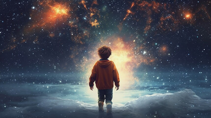 Wall Mural - back view of the silhouette of a child in front of a fantasy scene of the universe
