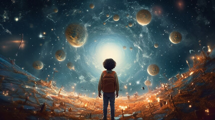 Wall Mural - back view of the silhouette of a child in front of a fantasy scene of the universe