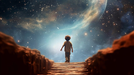 Wall Mural - back view of the silhouette of a child in front of a fantasy scene of the universe