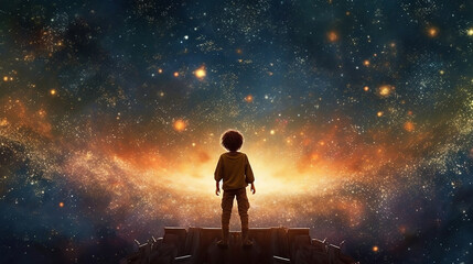 Wall Mural - back view of the silhouette of a child in front of a fantasy scene of the universe