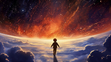 Wall Mural - back view of the silhouette of a child in front of a fantasy scene of the universe