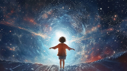 Wall Mural - back view of the silhouette of a child in front of a fantasy scene of the universe