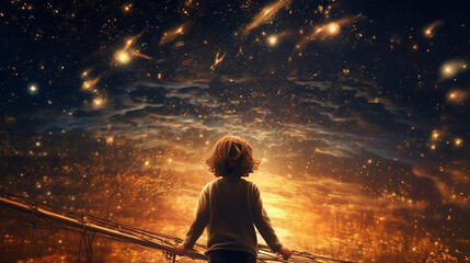 Wall Mural - back view of the silhouette of a child in front of a fantasy scene of the universe