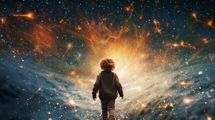 Wall Mural - back view of the silhouette of a child in front of a fantasy scene of the universe