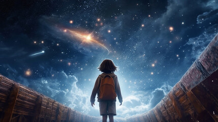 Wall Mural - back view of the silhouette of a child in front of a fantasy scene of the universe