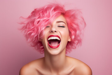 Wall Mural - Portrait of laughing woman with pink hair