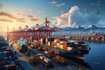 world of shipping transports. Depict a bustling port with cargo ships of various sizes and types, loading and unloading goods by cranes.Generated with AI