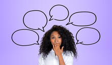 African Woman With Surprised Look, Covering Her Mouth, Copy Space Thought Bubble