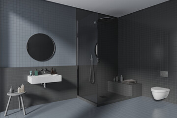 Wall Mural - Gray bathroom interior with shower and sink