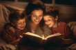 © twindesigner - Sceme capturing a heartwarming scene of a loving mom reading enchanting bedtime stories to her children. Ai generated