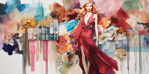 Poster - A fashion mood board in a dreamy watercolor style: diverse fabric swatches, cutouts of fashion models, vibrant color palette, an assortment of buttons and beads