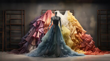 Design Process, Fabric Samples Draped Over A Dress Form, Soft Ambient Lighting, Different Textures From Silk To Denim, A Rainbow Of Color Swatches, A Wide - Angle View Of The Creative Chaos