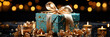 canvas print picture - Weihnachtsgeschenke Box türkis mit Schleife in gold auf dunklen Hintergrund Nahaufnahme in Querformat für Banner, ai generativ