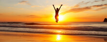 Sunrise Over A Beach With A Person Jumping