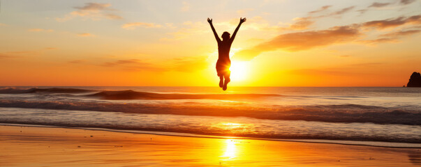 Sunrise over a beach with a person jumping