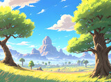 Fototapeta Dinusie - Painting with greenery mountains hills meadows, landscape scene illustration digital painting with greenery mountains hills meadows, Generative AI
