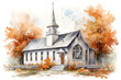 Watercolor Old Catholic Wooden Church in Autumn Colors on White Background