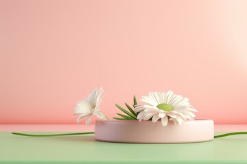 3D podium with cosmetic product presentation on pastel pink daisy flower background. Minimalistic beauty with green copy space. Generative AI