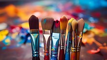 Colorful Paint Brush Splashes On Canvas. Row Of Artist Paintbrushes Closeup On Artistic Canvas, AI Generative