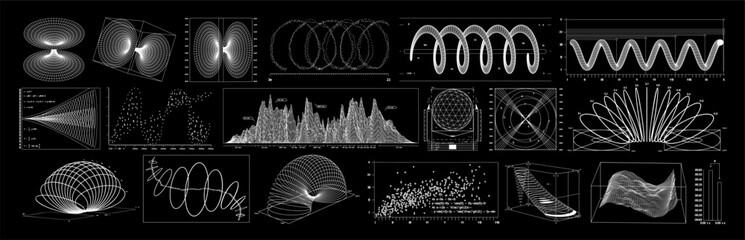 wireframe of geometric shapes. 3d retro futuristic blueprints of spheres, waves, diagram, graphs. ve