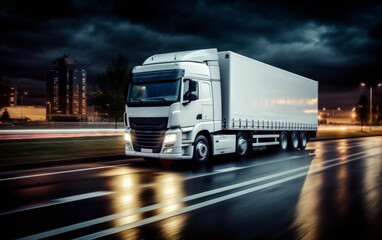 Loaded white truck on motorway for mockup.