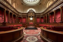 Interior Of Crown Court Room In St. George's Hall, Liverpool, UK. Generative AI