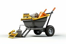 3D Render Of Wheelbarrow With Tools And Construction Safety Equipment On White Background. Generative AI