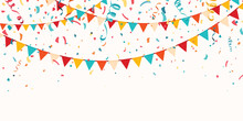 Festive Flag Garlands With Confetti, Streamer Ribbons Vector