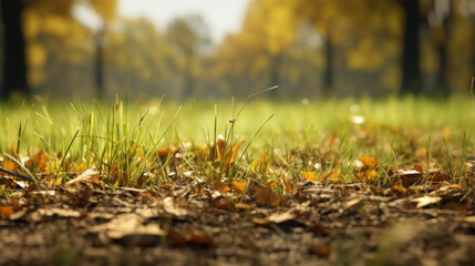 Wall Mural - Ground and green grass. Dried ground texture. Scoops of brown dry clay in green nature