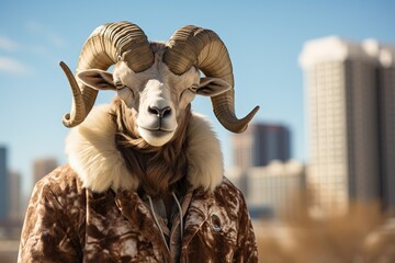 Wall Mural - big horn goat wearing fashion outfit with cityscape background, Generative Ai