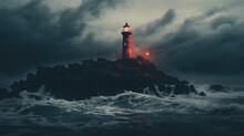 Red Lighthouse On Rock Cove At Evening Time In Bad Weather, Dark Cloud Ragging Sea, Generative Ai