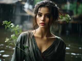 Poster - Photo feeling, a asian beauty standing by the river, The misty lake, shrouded in a veil of mystery, is surrounded by lush trees and vegetation. 