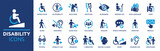Fototapeta  - Disability icon set. Containing wheelchair, accessibility, blind, broken leg, disabled, assistance and deafness icons. Solid icon collection. Vector illustration.