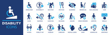 Disability Icon Set. Containing Wheelchair, Accessibility, Blind, Broken Leg, Disabled, Assistance And Deafness Icons. Solid Icon Collection. Vector Illustration.