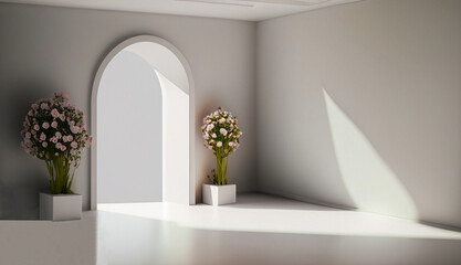 Wall Mural - white room with arch and flowers in the wall, copy space