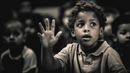 Wall Mural - a deaf child communicating with classmates using sign language, high contrast, black and white, the focus on hands signing