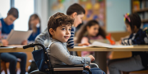 Wall Mural - a diverse classroom with children of different abilities working together, warm ambient light, shallow depth of field focusing on a student in a wheelchair