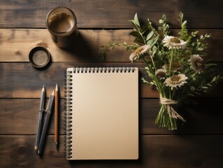 Poster - Spiral notepad with three wooden pencils with sunflowers on wooden desk Related tags