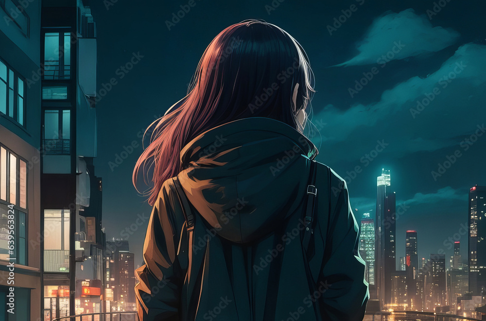 Cute Anime Woman Admiring Nighttime Cityscape in Lofi Style. Stock ...